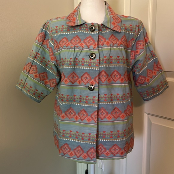 Tasha Pelosi crop jacket with sleeves to elbow, Concho buttons,blue and coral Lg - Picture 1 of 12